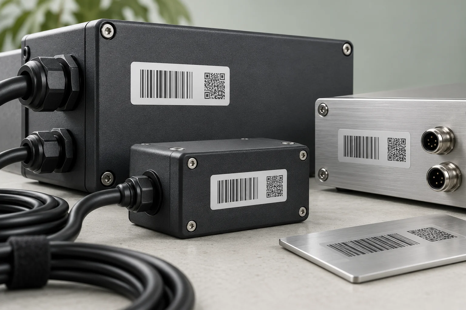 Illustrative industrial enclosures and metal equipment labels