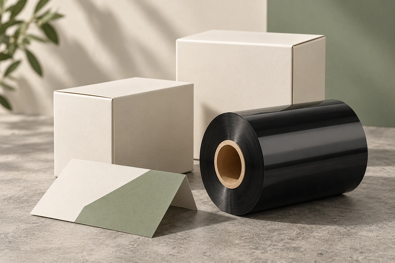 Concept render of ribbon rolls and plain private-label packaging